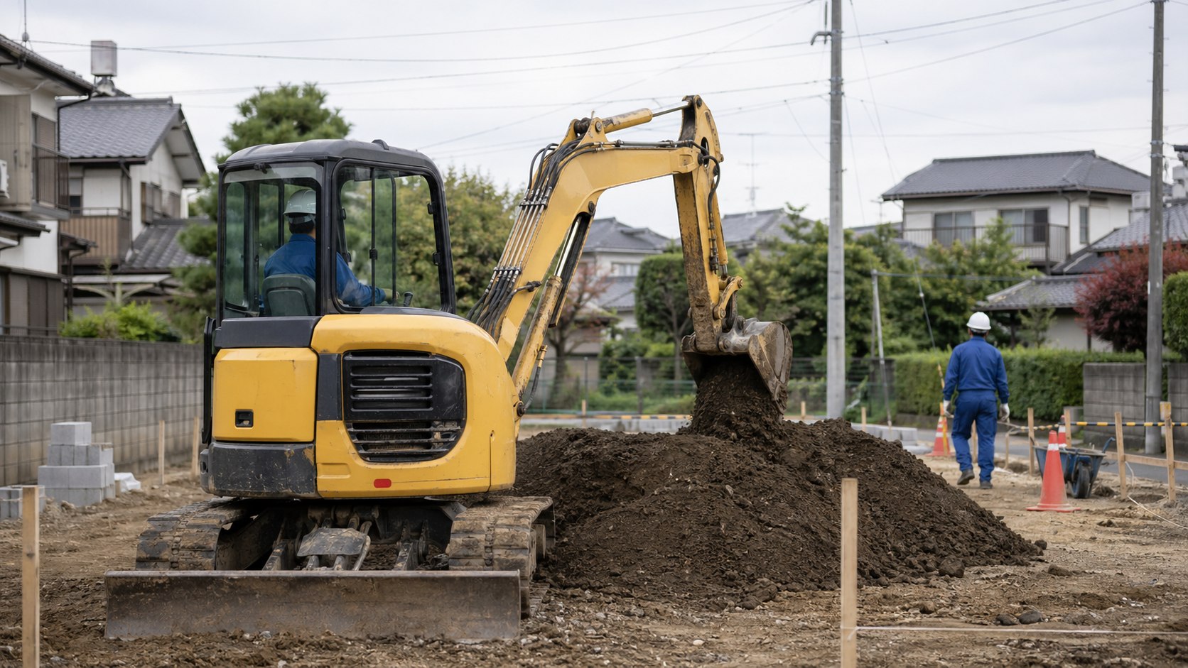 小規模土木工事で掘削を行うバックホウ