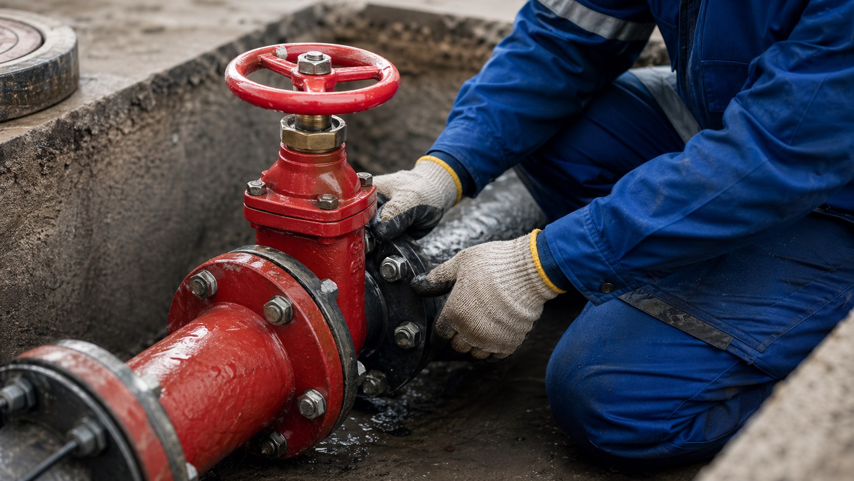 赤いバルブと配管を点検する消防施設工事の現場