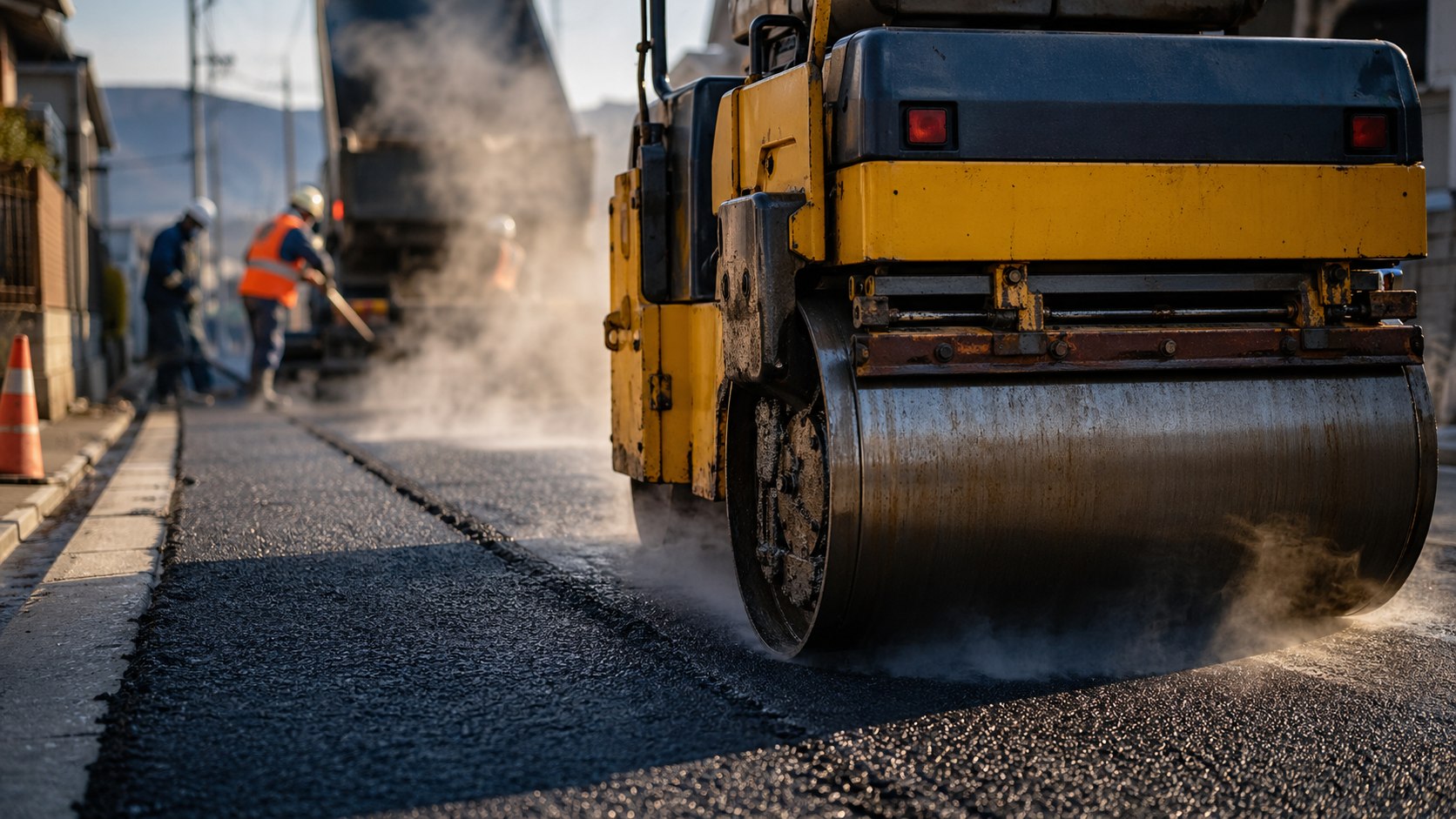 アスファルト舗装の転圧作業を行うロードローラー