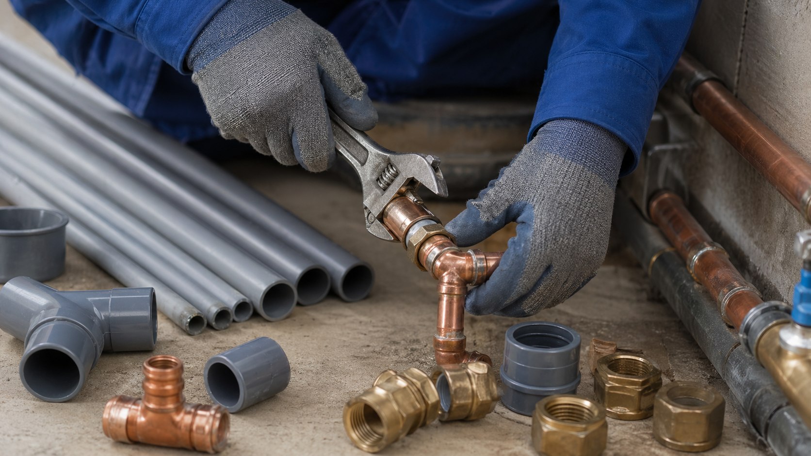 給排水管の配管作業を行う職人の手元