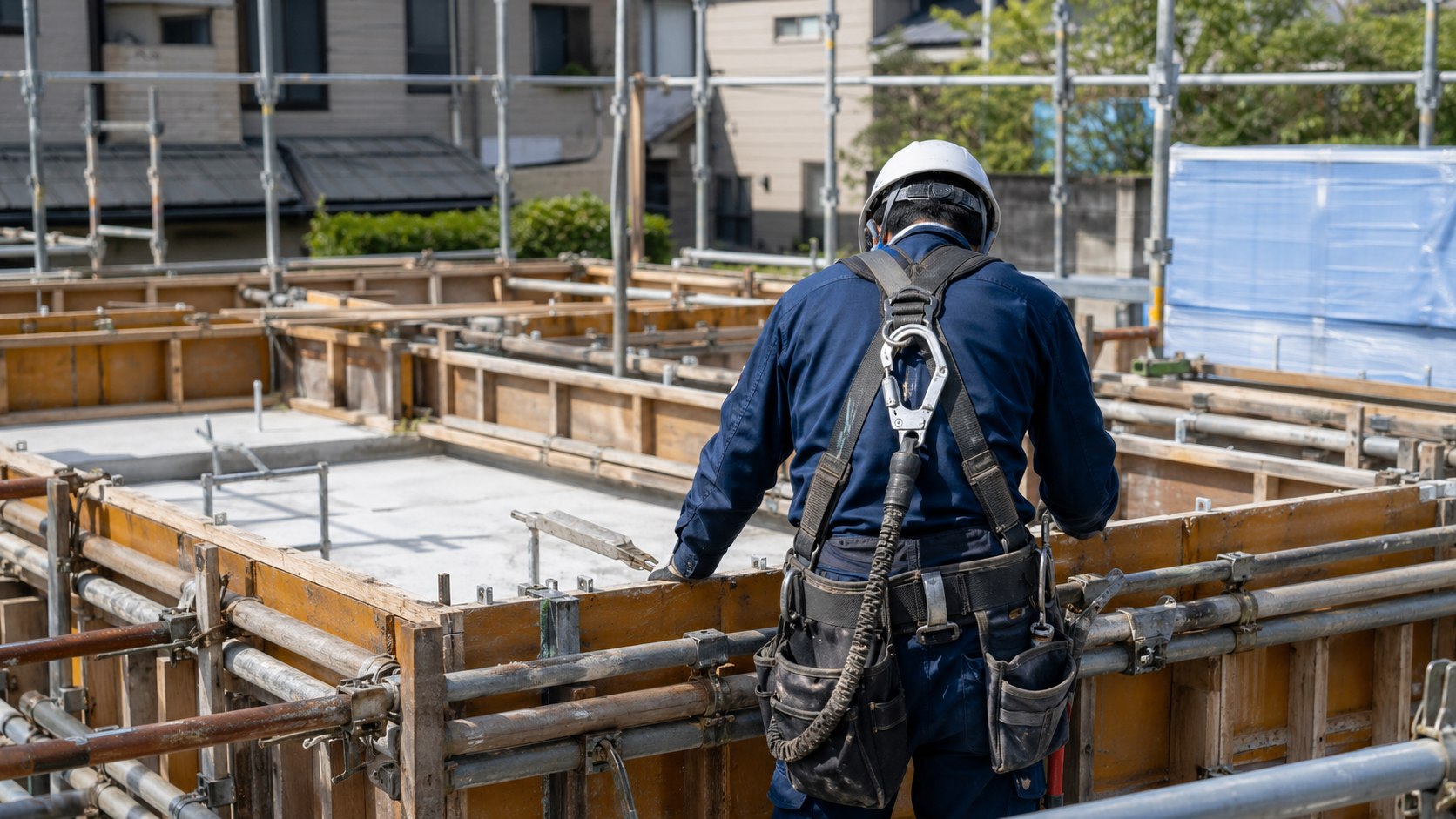 住宅基礎工事の足場と型枠が整った建設現場