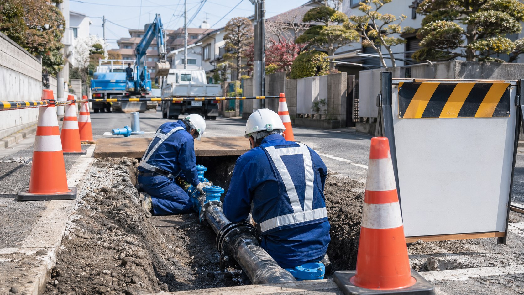 住宅前の道路で安全に進められる水道本管接続工事